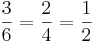 \frac{3}{6} = \frac{2}{4} = \frac{1}{2}