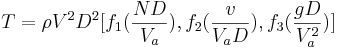 T = \rho V^2 D^2 [ f_1(\frac {ND}{V_a}), f_2(\frac {v}{V_a D}), f_3(\frac {gD}{V_a^2}) ]