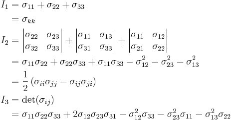 \begin{align}
I_1 &= \sigma_{11}+\sigma_{22}+\sigma_{33} \\
 &= \sigma_{kk} \\
I_2 &= \begin{vmatrix}
\sigma_{22} & \sigma_{23} \\
\sigma_{32} & \sigma_{33} \\
\end{vmatrix}
+ \begin{vmatrix}
\sigma_{11} & \sigma_{13} \\
\sigma_{31} & \sigma_{33} \\
\end{vmatrix}
+
\begin{vmatrix}
\sigma_{11} & \sigma_{12} \\
\sigma_{21} & \sigma_{22} \\
\end{vmatrix} \\
&= \sigma_{11}\sigma_{22}+\sigma_{22}\sigma_{33}+\sigma_{11}\sigma_{33}-\sigma_{12}^2-\sigma_{23}^2-\sigma_{13}^2 \\
&= \frac{1}{2}\left(\sigma_{ii}\sigma_{jj}-\sigma_{ij}\sigma_{ji}\right) \\
I_3 &= \det(\sigma_{ij}) \\
&= \sigma_{11}\sigma_{22}\sigma_{33}+2\sigma_{12}\sigma_{23}\sigma_{31}-\sigma_{12}^2\sigma_{33}-\sigma_{23}^2\sigma_{11}-\sigma_{13}^2\sigma_{22} \\
\end{align}
