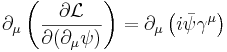 \partial_\mu \left( \frac{\partial \mathcal{L}}{\partial ( \partial_\mu \psi )} \right) = \partial_\mu \left( i \bar{\psi} \gamma^\mu \right) \,