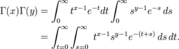 
\begin{align}
{\Gamma(x)\Gamma(y)} & {} =
  \int^\infty_0 t^{x-1} e^{-t} dt   \int^\infty_0 s^{y-1} e^{-s} \, ds \\
& {} =  \int^\infty_{t=0} \int^\infty_{s=0}  \ t^{x-1}
  s^{y-1} e^{-(t{+}s)} \,ds\, dt.
\end{align}
