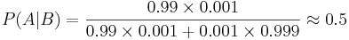 P(A|B) = \frac{0.99\times 0.001}{0.99 \times 0.001 + 0.001\times 0.999} \approx 0.5 