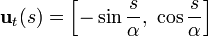 \mathbf{u}_t(s) = \left[-\sin\frac{s}{\alpha},\ \cos\frac{s}{\alpha} \right]\ 