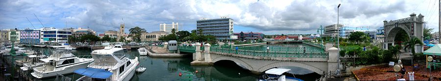 A panorama of downtown Bridgetown, showing Chamberlain Bridge and Parliament Building