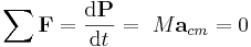 \sum{\mathbf{F}} = {\mathrm{d}\mathbf{P} \over \mathrm{d}t}=\ M\mathbf{a}_{cm}= 0