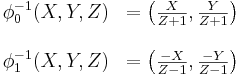 
\begin{matrix}
\phi_0^{-1}(X,Y,Z)&=\left(\frac{X}{Z+1}, \frac{Y}{Z+1}\right)\\
&\\
\phi_1^{-1}(X,Y,Z)&=\left(\frac{-X}{Z-1}, \frac{-Y}{Z-1}\right)
\end{matrix}
