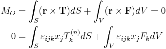 \begin{align}
 M_O &=\int_S (\mathbf{r}\times\mathbf{T})dS + \int_V (\mathbf{r}\times\mathbf{F})dV=0 \\
0 &= \int_S\varepsilon_{ijk}x_jT_k^{(n)}dS + \int_V\varepsilon_{ijk}x_jF_k dV  \\
\end{align}