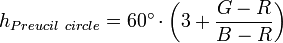 h_{Preucil\ circle} = 60^{\circ} \cdot \left( 3 + \frac{G - R}{B - R}\right)
