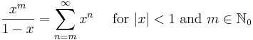 \frac{x^m}{1-x} = \sum^{\infin}_{n=m} x^n\quad\mbox{ for } |x| < 1 \text{ and } m\in\mathbb{N}_0\!