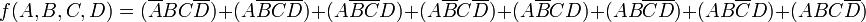 f(A, B, C, D) = (\overline{A}BC\overline{D}) + (A\overline{B}\overline{C}\overline{D}) + (A\overline{B}\overline{C}D) + (A\overline{B}C\overline{D}) + (A\overline{B}CD) + (AB\overline{C}\overline{D}) + (AB\overline{C}D) + (ABC\overline{D})