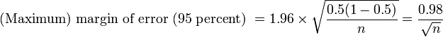  \text{ (Maximum) margin of error (95 percent) } = 1.96 \times \sqrt{\frac{0.5(1-0.5)}{n}} = \frac{0.98}{\sqrt{n}}