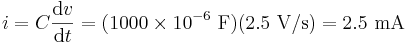 i = C\frac{\text{d}v}{\text{d}t} = (1000 \times 10^{-6} \text{ F})(2.5 \text{ V/s}) = 2.5\text{ mA}