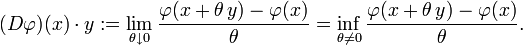 (D\varphi)(x)\cdot y:=\lim_{\theta \downarrow 0} \frac{\varphi(x+\theta\,y)-\varphi(x)}{\theta}=\inf_{\theta \neq 0} \frac{\varphi(x+\theta\,y)-\varphi(x)}{\theta}.