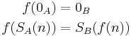 \begin{align}
f(0_A) &= 0_B \\
f(S_A (n)) &= S_B (f (n))
\end{align}