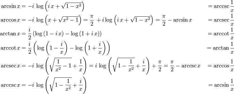 
\begin{align}
\arcsin x &{}= -i\,\log\left(i\,x+\sqrt{1-x^2}\right) &{}= \arccsc \frac{1}{x}\\
\arccos x &{}= -i\,\log\left(x+\sqrt{x^2-1}\right) = \frac{\pi}{2}\,+i\log\left(i\,x+\sqrt{1-x^2}\right) = \frac{\pi}{2}-\arcsin x &{}= \arcsec \frac{1}{x}\\
\arctan x &{}= \frac{i}{2}\left(\log\left(1-i\,x\right)-\log\left(1+i\,x\right)\right) &{}= \arccot \frac{1}{x}\\
\arccot x &{}= \frac{i}{2}\left(\log\left(1-\frac{i}{x}\right)-\log\left(1+\frac{i}{x}\right)\right) &{}= \arctan \frac{1}{x}\\
\arcsec x &{}= -i\,\log\left(\sqrt{\frac{1}{x^2}-1}+\frac{1}{x}\right) = i\,\log\left(\sqrt{1-\frac{1}{x^2}}+\frac{i}{x}\right)+\frac{\pi}{2} = \frac{\pi}{2}-\arccsc x &{}= \arccos \frac{1}{x}\\
\arccsc x &{}= -i\,\log\left(\sqrt{1-\frac{1}{x^2}}+\frac{i}{x}\right) &{}= \arcsin \frac{1}{x}
\end{align}