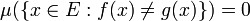  \mu(\{x \in E: f(x) \neq g(x)\}) = 0 