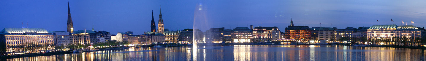 A panoramic view of the Hamburg Skyline of the Binnenalster taken from Kennedybrücke.