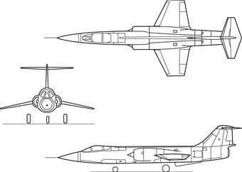 Orthographically projected diagram of the F-104 Starfighter.