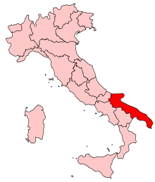 Map of Italy, location of Apulia highlighted