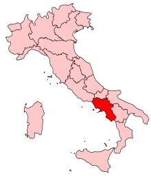 Map of Italy, location of Campania highlighted