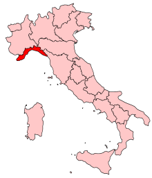 Map of Italy, location of Liguria highlighted