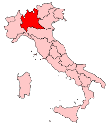 Map of Italy, location of Lombardy highlighted