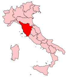 Map of Italy, location of Tuscany highlighted