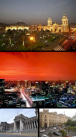 Top: Plaza Mayor, Middle: Skyline of Lima, Bottom left: Palace of Justice, Bottom right: Plaza San Martin.