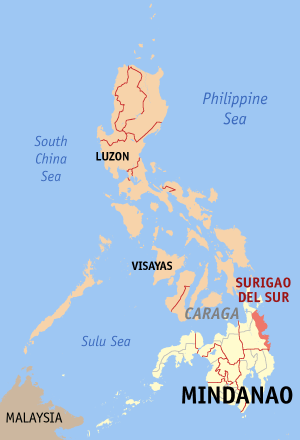 Map of the Philippines with Surigao del Sur highlighted