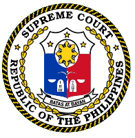 The logo of the Supreme Court of the Philippines. The words in the scroll read "Batas" and "Bayan", meaning "Law" and "Country".