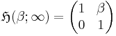 \mathfrak{H}(\beta; \infty) =
\begin{pmatrix}
   1 & \beta  \\
   0 & 1 
\end{pmatrix}