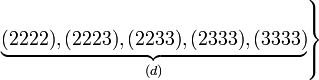 
   \left.
      \underbrace{(2222), (2223), (2233), (2333), (3333)}_{(d)}
   \right\}
