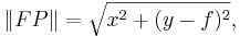  \| FP \| = \sqrt{ x^2 + (y - f)^2 }, 