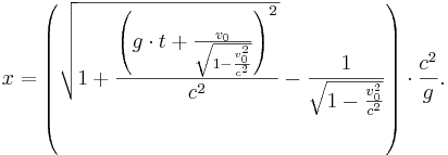 x = \left( \sqrt{1 + \frac{\left(g \cdot t + \frac{v_0}{\sqrt{1-\frac{v_0^2}{c^2}}}\right)^2}{c^2}} -\frac{1}{ \sqrt{1 - \frac{v_0^2}{c^2}}} \right) \cdot \frac {c^2}{g}.