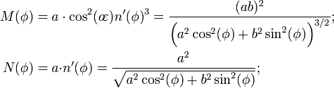 \begin{align}
 M(\phi)&=a\cdot\cos^2(o\!\varepsilon)n'(\phi)^3
 =\frac{(ab)^2}{\Big(a^2\cos^2(\phi)+b^2\sin^2(\phi)\Big)^{3/2}};\\
 N(\phi)&=a{\cdot}n'(\phi)
 =\frac{a^2}{\sqrt{a^2\cos^2(\phi)+b^2\sin^2(\phi)}};\end{align}\,\!
 