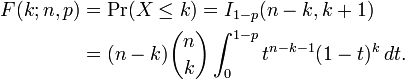 
\begin{align}
F(k;n,p) & = \Pr(X \le k) = I_{1-p}(n-k, k+1) \\
& = (n-k) {n \choose k} \int_0^{1-p} t^{n-k-1} (1-t)^k \, dt.
\end{align}
