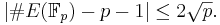  {\left| \# E( \mathbb{F}_p ) - p - 1 \right| \leq 2 \sqrt{p}. }