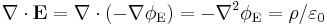 
\mathbf{\nabla} \cdot \mathbf{E} = \mathbf{\nabla} \cdot \left (- \mathbf{\nabla} \phi_\mathrm{E} \right ) = -\nabla^2 \phi_\mathrm{E} = \rho / \varepsilon_0
