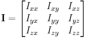 
\mathbf{I} = \begin{bmatrix}
I_{xx} & I_{xy} & I_{xz} \\
I_{yx} & I_{yy} & I_{yz} \\
I_{zx} & I_{zy} & I_{zz}
\end{bmatrix}
