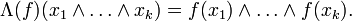 \Lambda(f)(x_1\wedge \dots \wedge x_k) = f(x_1)\wedge\dots\wedge f(x_k).