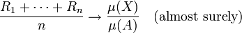  \frac{R_1 + \cdots + R_n}{n} \rightarrow \frac{\mu(X)}{\mu(A)} 
 \quad\mbox{(almost surely)}