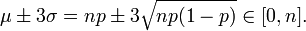 \mu \pm 3 \sigma = np \pm 3 \sqrt{np(1-p)} \in [0,n].