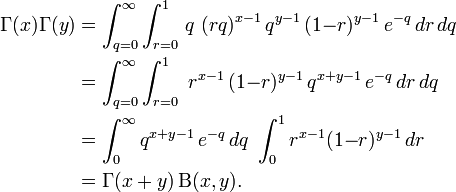 
\begin{align}
\Gamma(x)\Gamma(y) & = \int^\infty_{q = 0} \int^1_{r = 0} \, q \ (rq)^{x{-}1} \,q^{y{-}1} \,  (1{-}r)^{y{-}1} \, e^{-q}\, dr \,dq \\
& = \int^\infty_{q = 0} \int^1_{r = 0} \ r^{x{-}1} \,(1{-}r)^{y{-}1} \, q^{x{+}y{-}1} \, e^{-q} \,dr\, dq \\
& = \int^\infty_0  q^{x{+}y{-}1} \, e^{-q} \, dq \ \int^1_0  r^{x{-}1} (1{-}r)^{y{-}1} \, dr \\
 & = \Gamma(x+y) \, \Beta(x, y).
\end{align}
