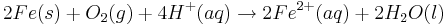 2Fe(s) + O_{2}(g) + 4H^{+}(aq) \rightarrow 2Fe^{2+}(aq) + 2H_{2}O(l)\,