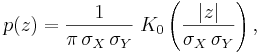 p(z) = \frac{1}{\pi\,\sigma_X\,\sigma_Y} \; K_0\left(\frac{|z|}{\sigma_X\,\sigma_Y}\right),