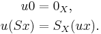 \begin{align}
u 0 &= 0_X, \\
u (S x) &= S_X (u x).
\end{align}