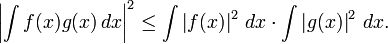 \left|\int f(x) g(x)\,dx\right|^2\leq\int \left|f(x)\right|^2\,dx \cdot \int\left|g(x)\right|^2\,dx.