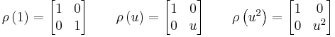 
\rho \left( 1 \right) =
\begin{bmatrix}
1 & 0 \\
0 & 1 \\
\end{bmatrix}
\qquad
\rho \left( u \right) =
\begin{bmatrix}
1 & 0 \\
0 & u \\
\end{bmatrix}
\qquad
\rho \left( u^2 \right) =
\begin{bmatrix}
1 & 0 \\
0 & u^2 \\
\end{bmatrix}
