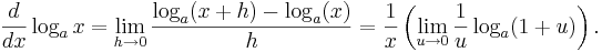 \frac{d}{dx}\log_a x = \lim_{h\to 0}\frac{\log_a(x+h)-\log_a(x)}{h}=\frac{1}{x}\left(\lim_{u\to 0}\frac{1}{u}\log_a(1+u)\right).