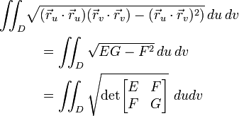 \begin{align}
\iint_D &\sqrt{(\vec{r}_u\cdot\vec{r}_u)(\vec{r}_v\cdot\vec{r}_v)-(\vec{r}_u\cdot\vec{r}_v)^2)}\,du\,dv\\
&\quad=\iint_D\sqrt{EG-F^2}\,du\,dv\\
&\quad=\iint_D\sqrt{\operatorname{det}\begin{bmatrix}E&F\\ F&G\end{bmatrix}}
\ dudv\end{align}
